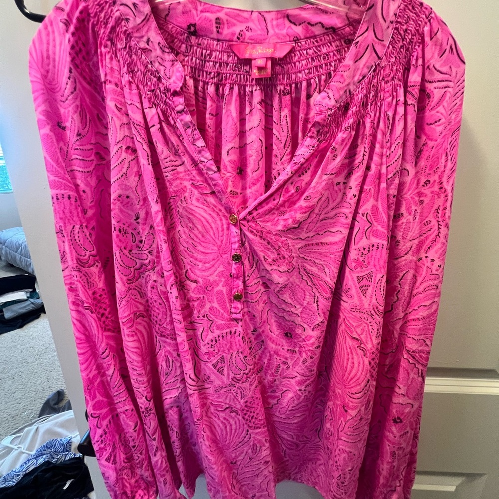 Lilly Pulitzer Bright Pink Long-Sleeve Peasant Blouse